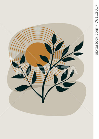 Shape Green Boho Leaf Plant Sun Minimalist Printed Wall Art Geometric Abstract Print Bohemian Art work, vector crescent, poster vintage illustration 76112017