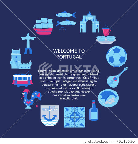 Welcome to Portugal round concept with icons in flat style and place for text Welcome to Portugal round concept with icons in flat style and place for text 76113530