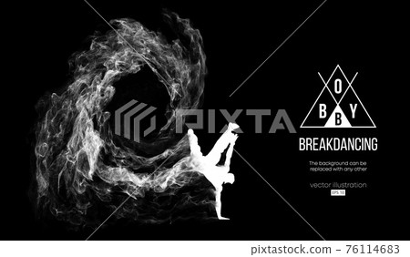 Abstract silhouette of a breakdancer, man, bboy, breaker, breaking on the dark black background from particles, dust, smoke. Hip-hop dancer. Background can be changed to any other. Vector illustration Abstract silhouette of a breakdancer, man, bboy, breaker, breaking on the dark black background from particles, dust, smoke. Hip-hop dancer. Background can be changed to any other. Vector illustration 76114683