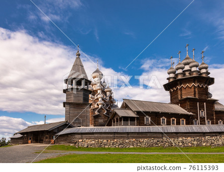 Transfiguration Church with Bell Tower at Kizhi Pogost historical site Onega lake Karelia Russia 76115393