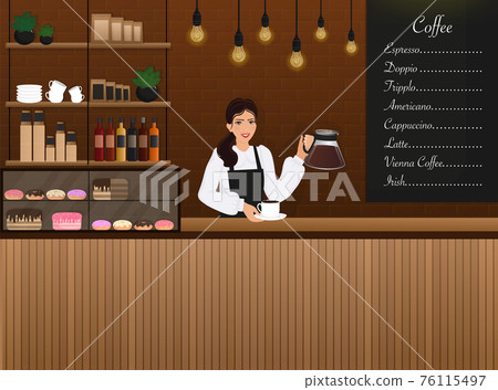 Flat character coffee shop barista. Vector illustration flat design. Vector infographic illustration. Cartoon male barista or waiter standing near menu board. 76115497