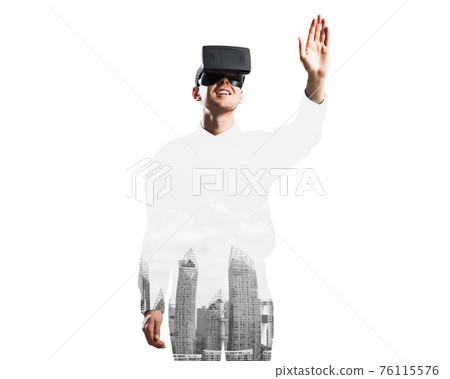 Guy wearing checked shirt and virtual mask stretching hand to touch something Guy wearing checked shirt and virtual mask stretching hand to touch something 76115576