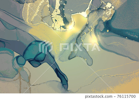 Turquoise, blue and gold abstract marble background with sparkles 76115700