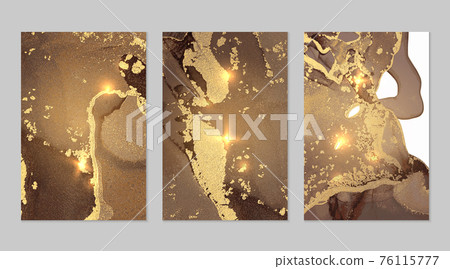 Set of marble patterns. Gold and brown geode textures with glitter 76115777