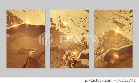 Set of marble patterns. Chocolate and fortuna gold geode textures with glitter 76115778