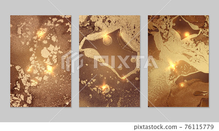 Set of marble patterns. Brown and gold geode textures with glitter 76115779