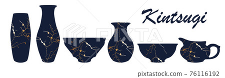 Renovated kintsugi japanese vase art color sketch engraving illustration. Kintsugi inscription Renovated kintsugi japanese vase art color sketch engraving illustration. Kintsugi inscription 76116192
