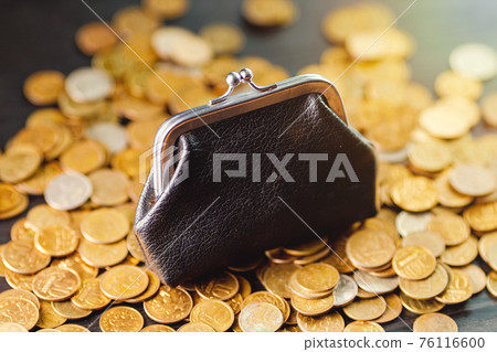 An old black wallet sits on top of a pile of yellow Russian coins. The concept of inflation and poverty. An old black wallet sits on top of a pile of yellow Russian coins. The concept of inflation and poverty. 76116600