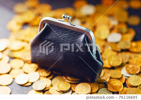 An old black wallet sits on top of a pile of yellow Russian coins. The concept of inflation and poverty. An old black wallet sits on top of a pile of yellow Russian coins. The concept of inflation and poverty. 76116605