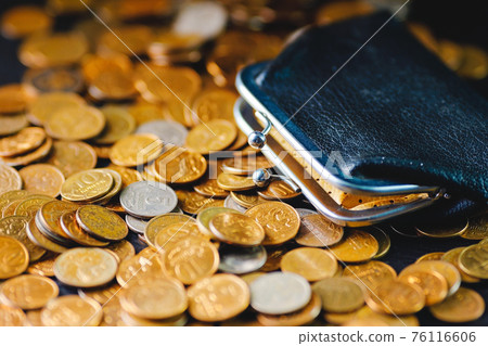 An old black wallet sits on top of a pile of Russian coins. The concept of inflation and poverty. An old black wallet sits on top of a pile of Russian coins. The concept of inflation and poverty. 76116606