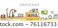Creative place with laptop, books, home interior banner. Vector illustration 76116733