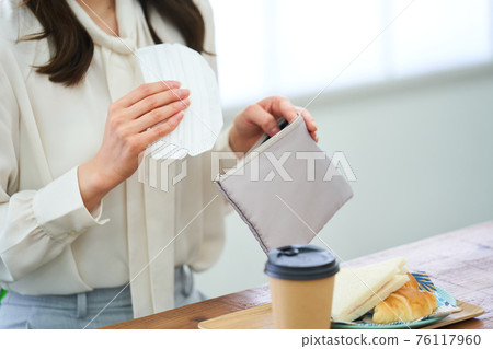 A woman who removes a mask when eating out 76117960