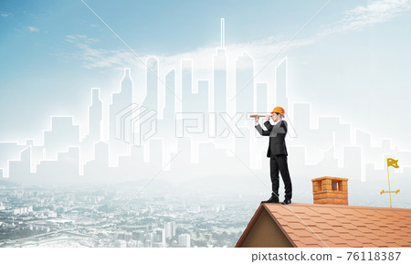 Engineer man standing on roof and looking in spyglass. Mixed media 76118387