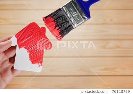 Repair house decoration paint home improvement. Painting work house icon renovation home construction model. New house remodeling renovation paint renew home. Symbol house painting brush in red color Repair house decoration paint home improvement. Painting work house icon renovation home construction model. New house remodeling renovation paint renew home. Symbol house painting brush in red color 76118759