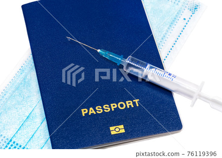 International biometric COVID-19 vaccination passport, protective mask and vaccine in syringe International biometric COVID-19 vaccination passport, protective mask and vaccine in syringe 76119396