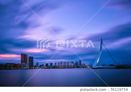 View of Erasmus Bridge Erasmusbrug and Rotterdam skyline. Rotterdam, Netherlands 76119759