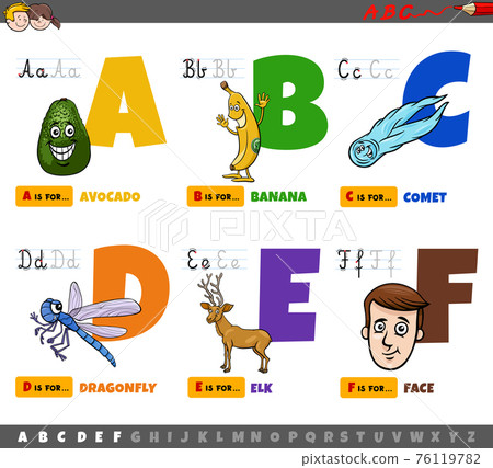 educational cartoon alphabet letters for children from A to F educational cartoon alphabet letters for children from A to F 76119782