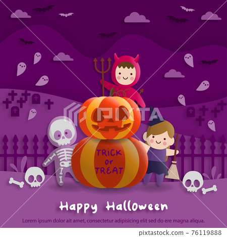 Halloween party in paper art style with childs wearing devil, ghost, witch costume. greeting card and posters. Vector illustration. Halloween party in paper art style with childs wearing devil, ghost, witch costume. greeting card and posters. Vector illustration. 76119888
