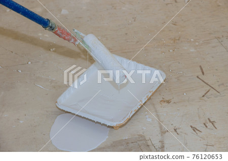 Roller is wetted in a liquid primer in a plastic container before painting the walls with paint Roller is wetted in a liquid primer in a plastic container before painting the walls with paint 76120653