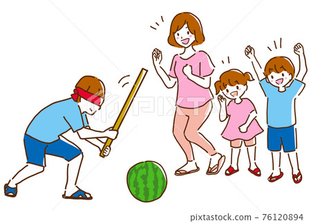 一個年輕家庭玩西瓜分裂的線描插圖 76120894