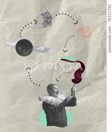 Contemporary art collage. Medieval man as a royalty person in vintage clothing. 76121792