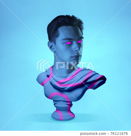 Contemporary art collage. Antique statue bust headed of man head. 76121876