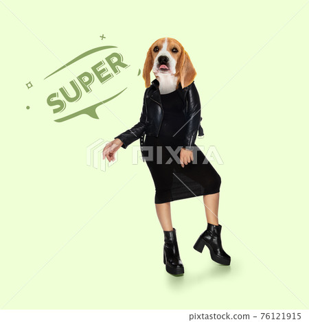 Contemporary artwork, conceptual collage. Woman headed by dog head. Trendy colors. 76121915