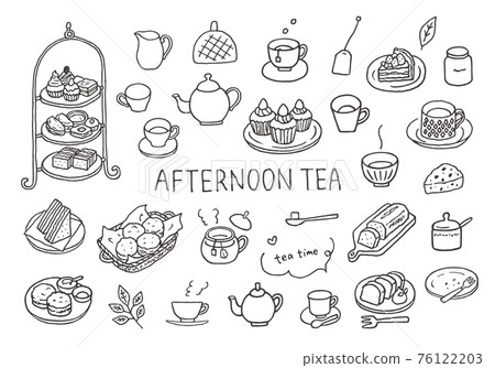 與茶和下午茶相關的手繪插圖（單色） 76122203