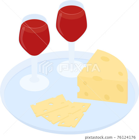 two glasses of red wine and a piece of cheese 76124176