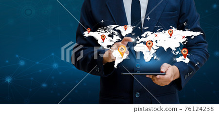 Smart Phones and Globe Connections Uncommon communication world Internet Businesspeople press the phone to communicate in the Internet. Communications, logistics, world maps and aircraft 76124238