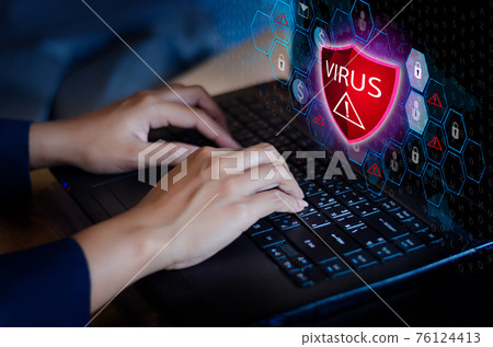 Press enter button on the keyboard computer Protective shield virus red Exclamation Warning Caution Computer in dark with word virus 76124413