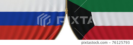Russia and Kuwait political cooperation or conflict, flags and closing or opening zipper, conceptual 3D rendering Russia and Kuwait political cooperation or conflict, flags and closing or opening zipper, conceptual 3D rendering 76125793