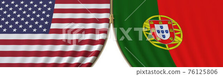 Flags of United States and Portugal and closing or opening zipper between them. Political negotiations or interaction conceptual 3D rendering Flags of United States and Portugal and closing or opening zipper between them. Political negotiations or interaction conceptual 3D rendering 76125806