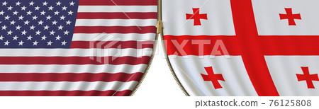 Flags of United States and Georgia and closing or opening zipper between them. Political negotiations or interaction conceptual 3D rendering Flags of United States and Georgia and closing or opening zipper between them. Political negotiations or interaction conceptual 3D rendering 76125808