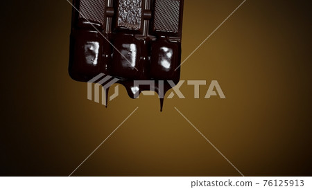 Chocolate bar with melted chocolate syrup dripping flowing over dark brown background, confectionery 76125913