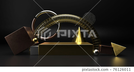 Abstract minimal scene with geometrical forms. cubic podium in metal gold siver and bronze gradient. Abstract background. Scene to show podructs.Shopfront, display case. 3d render illustration. Abstract minimal scene with geometrical forms. cubic podium in metal gold siver and bronze gradient. Abstract background. Scene to show podructs.Shopfront, display case. 3d render illustration. 76126011