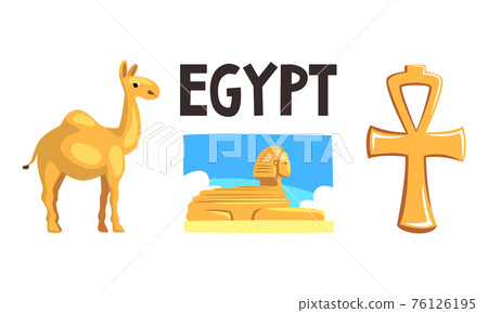 Famous Symbols of Ancient Egypt, Sphinx Statue, Ankh Cross, Camel Cartoon Vector Illustration 76126195