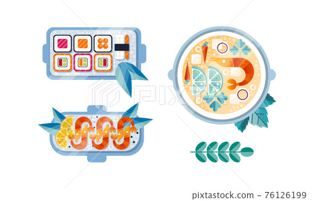 Various Seafood Dishes Set, Sushi Rolls, Shrimps Flat Vector Illustration 76126199