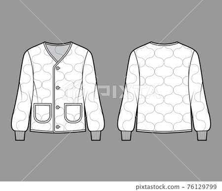 ALS 92 field jacket liner technical fashion illustration with oversized, long sleeves, oval patch pockets, quilted shell ALS 92 field jacket liner technical fashion illustration with oversized, long sleeves, oval patch pockets, quilted shell 76129799