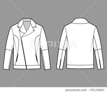 Zip-up biker jacket technical fashion illustration with zip front fold-over lapels collar, welt pockets, moto details Zip-up biker jacket technical fashion illustration with zip front fold-over lapels collar, welt pockets, moto details 76129807