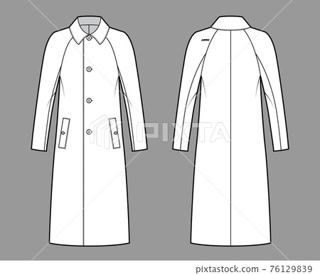 Balmacaan coat technical fashion illustration with raglan long sleeves, regular collar, oversized body, midi length 76129839