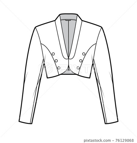 Bolero jacket technical fashion illustration with crop waist length, long sleeves, shawl collar, button closure. Flat Bolero jacket technical fashion illustration with crop waist length, long sleeves, shawl collar, button closure. Flat 76129868