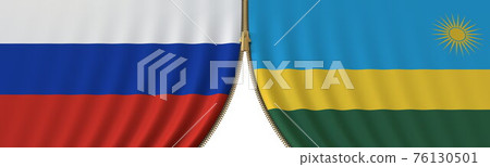 Russia and Rwanda cooperation or conflict, flags and closing or opening zipper between them. Conceptual 3D rendering 76130501