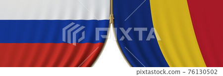 Russia and Romania cooperation or conflict, flags and closing or opening zipper between them. Conceptual 3D rendering 76130502