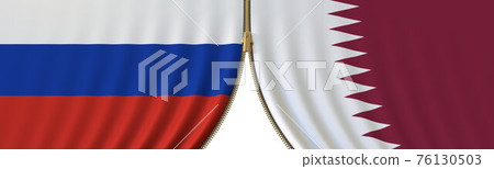 Russia and Qatar political cooperation or conflict, flags and closing or opening zipper, conceptual 3D rendering Russia and Qatar political cooperation or conflict, flags and closing or opening zipper, conceptual 3D rendering 76130503