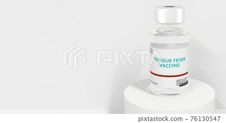 Glass vial with DENGUE FEVER VACCINE text on white background, 3D rendering 76130547