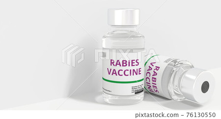 RABIES VACCINE text on the label of the medical vials. 3D rendering RABIES VACCINE text on the label of the medical vials. 3D rendering 76130550