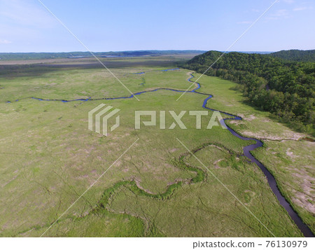 Aerial view, early summer Kottaro wetlands (Shibecha Town, Hokkaido) 76130979