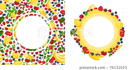 Frames from fresh berries, fruits, vector illustration. Bright banners with natural cartoon summer product set. Citrus fruit ingredients Frames from fresh berries, fruits, vector illustration. Bright banners with natural cartoon summer product set. Citrus fruit ingredients 76132033