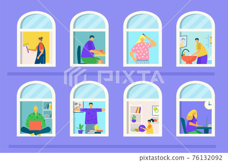 People in building house, vector illustration. Man woman person character in home apartment flat window concept. Carton quarantine day People in building house, vector illustration. Man woman person character in home apartment flat window concept. Carton quarantine day 76132092